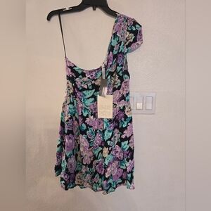 Reformed By Urban Outfitters Purple Floral One Shoulder Mini Dress Size Large